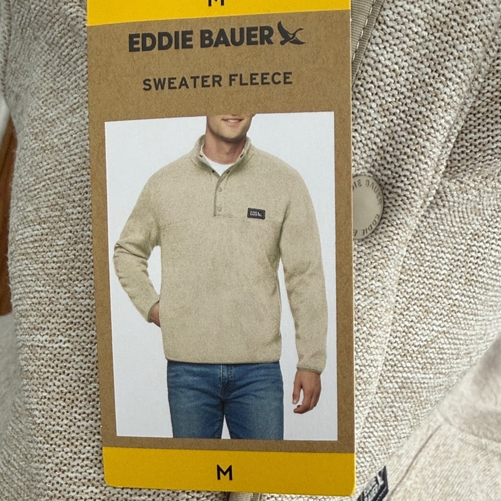 Eddie Bauer Men's Half Button Sweater in Beige with Kangaroo pockets